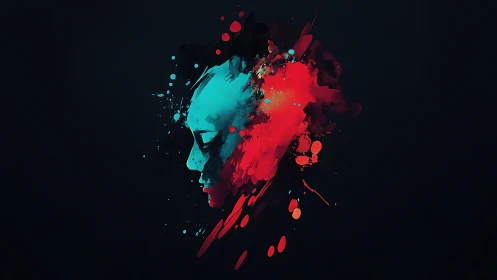 Profile head emerges from cyan and red digital paint splashes