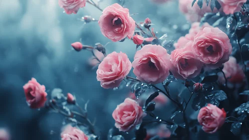 Pink roses dance against moody teal twilight waters