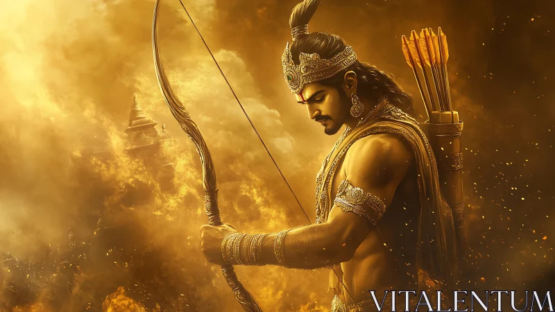 Warrior archer in golden battlefield haze prepares arrow.