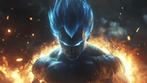 Blue haired energy warrior surrounded by glowing fire.