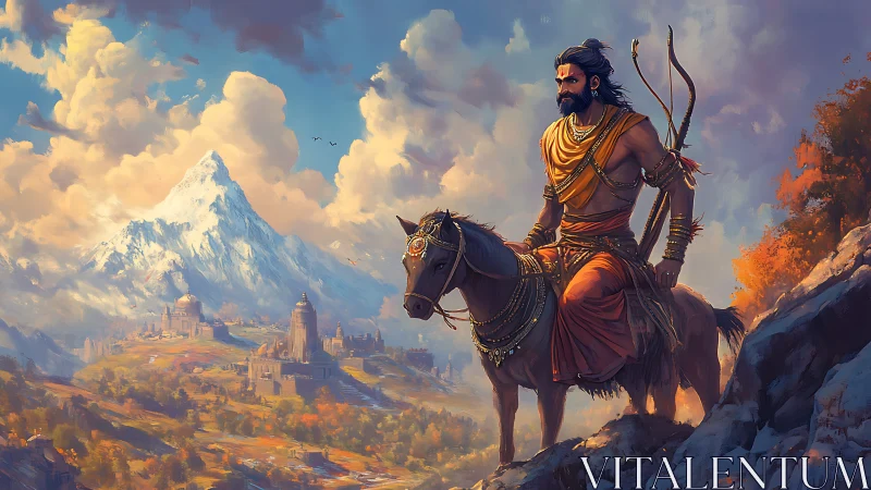 Mountain watcher on horseback above myth-lit valley realms.