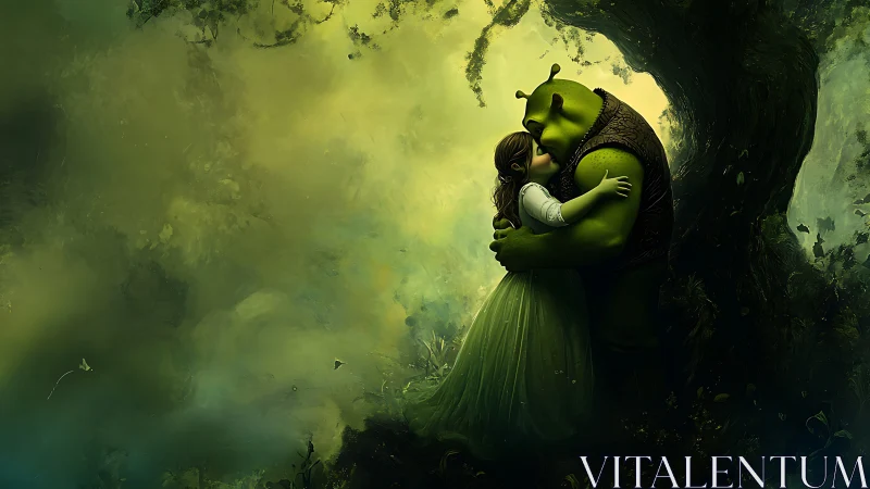Ogre Fantasy Character Embracing Child in Luminous Enchanted Forest Setting
