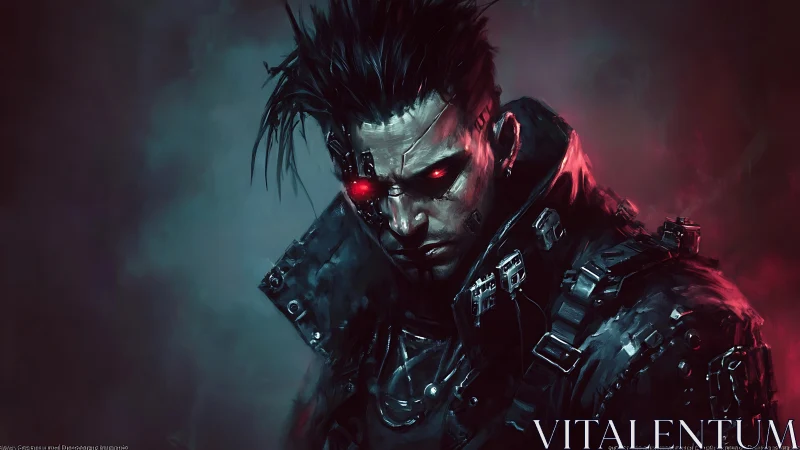 Cybernetic warrior broods in crimson vapor and electric shadow