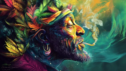 Psychedelic profile portrait merges elder smoker with foliage
