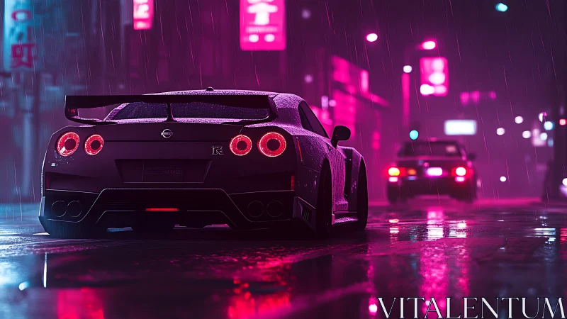 Neon drenched sports car glows softly in a rainy city night
