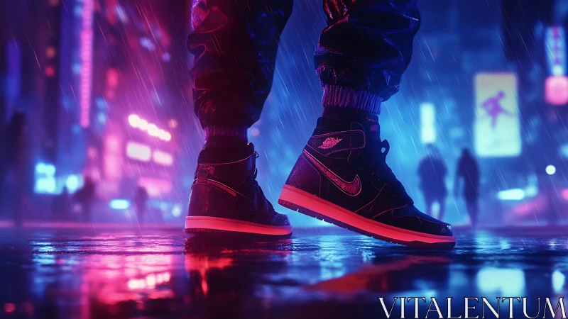 Neon city sneakers catching the glow of a rainy night.