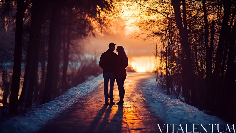 Silhouetted couple on snow-covered pathway during golden-hour atmospheric backlight
