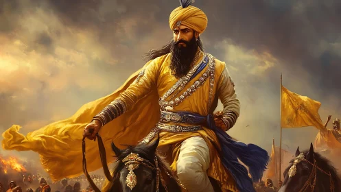 Warrior in golden attire rides horse through battle scene