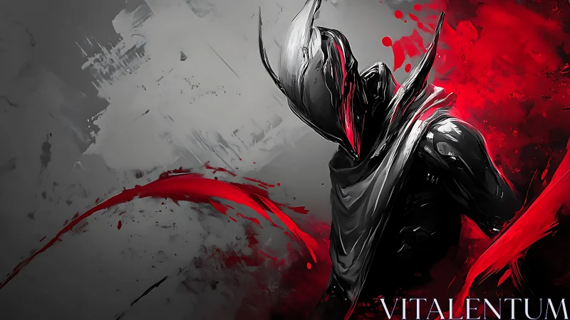Hooded abstract warrior in black armor with red energy arcs