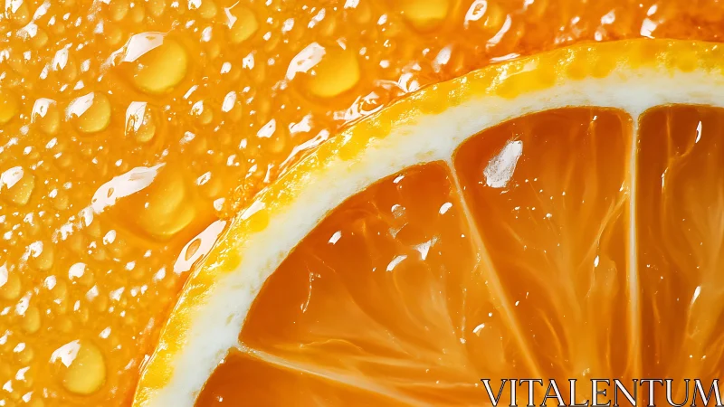 Macro view of orange slice and peel with surface droplets.