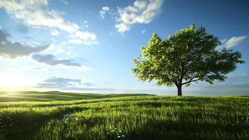 Solitary tree bathes in serene sunrise over rolling fields.