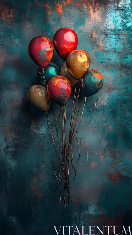 Metallic balloons suspended against distressed turquoise backdrop.