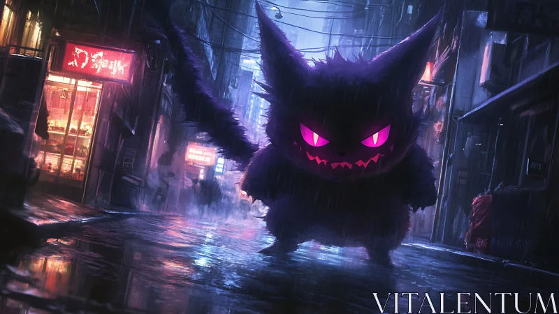 Large spectral creature in neon lit rainy alley at night.