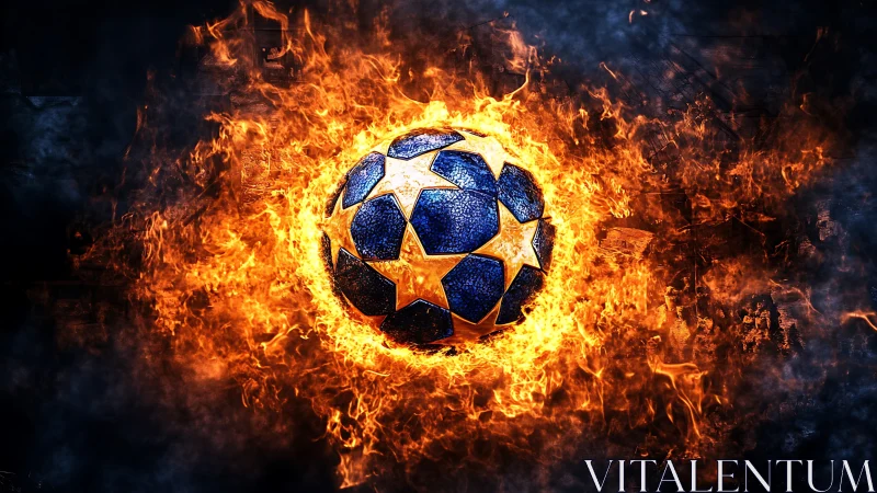 Fiery blue soccer ball with star panels in blazing flames.