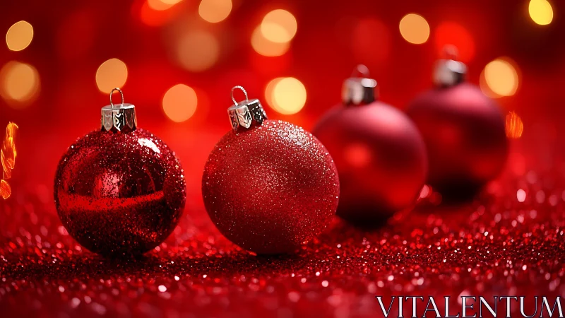 Photorealistic macro of red Christmas baubles on glittered ground.