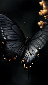 Dark butterfly rests near blurred plant in controlled focus