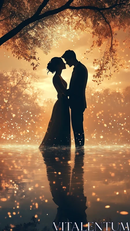 Silhouetted romantic couple embracing beneath golden hour foliage canopy. Tree.
