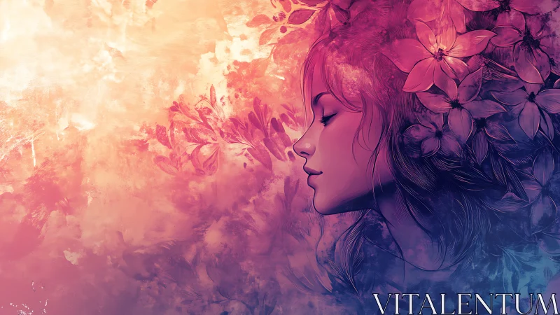 Dreamlike floral profile bathed in warm ethereal gradients.