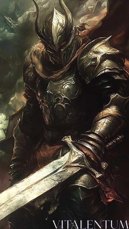 Heavily armored dark knight with greatsword in stormlight