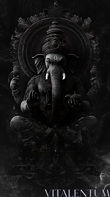 Midnight Ganesh radiates divine calm in smoky monochrome aura.