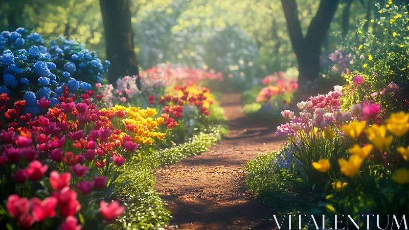 Sunlit Garden Path Through Blooming Flower Beds