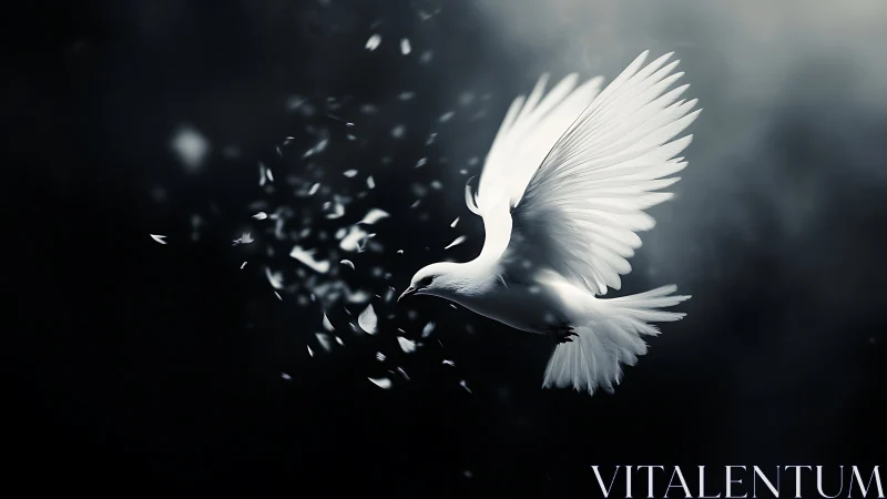White dove in flight scattering feathers over dark void.