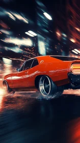 Crimson muscle car carves neon streaks through rainy midnight