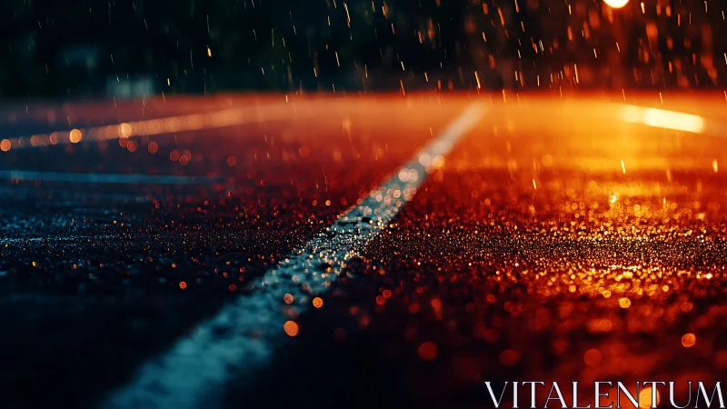 Wet road at night under orange streetlight rain glow.