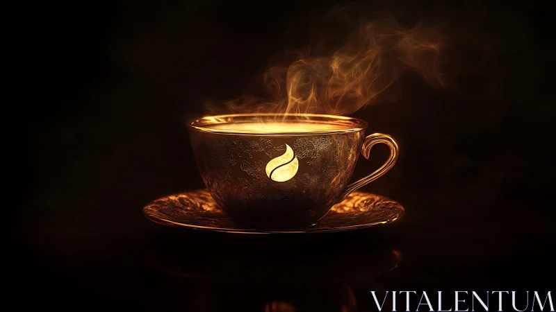 Illuminated teacup with steam and glowing flame emblem
