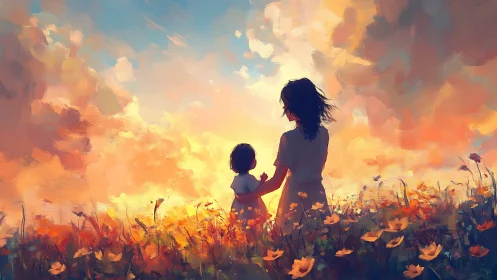 Mother and child silhouettes in impressionistic sunset field
