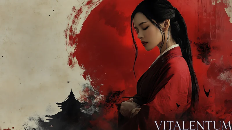 Silent warrior in red kimono stands before rising crimson sun