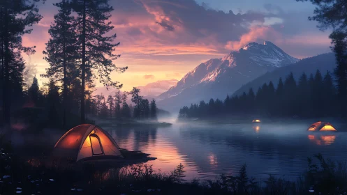 Lantern tents humming under misty mountain sunrise hush.
