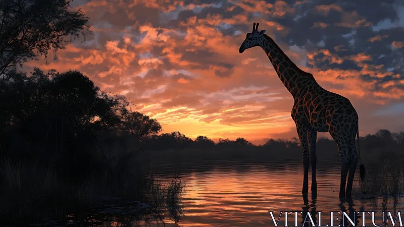 Giraffe silhouette in volumetric sunset over reflective water.
