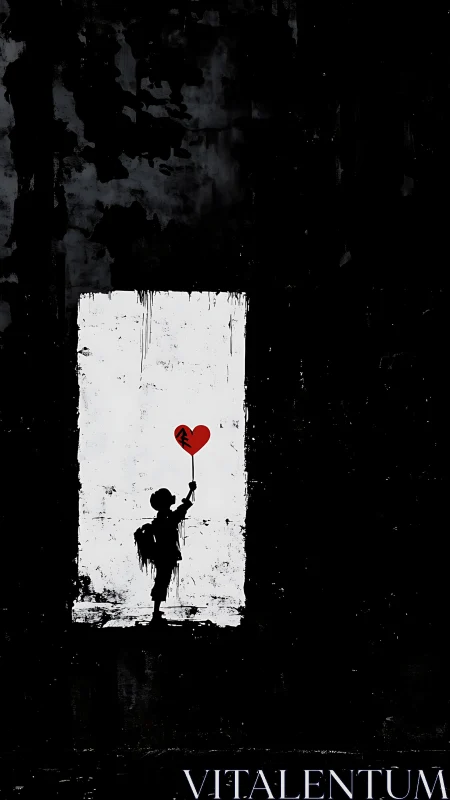 Silhouetted child releases heart-shaped balloon through weathered window aperture