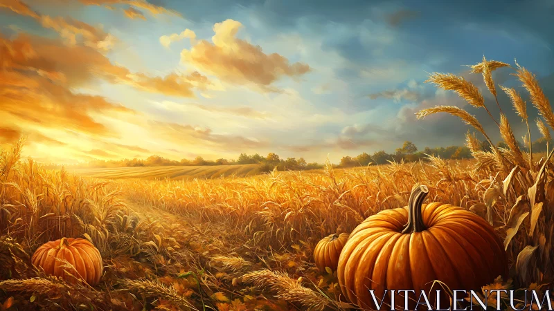 Golden pumpkins lounge beneath a blazing harvest sunset sky