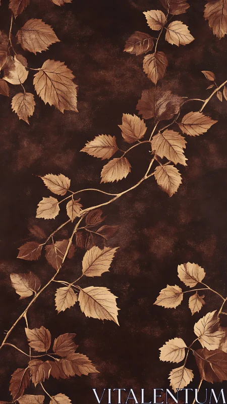 Brown toned leaf vines on dark textured background pattern.