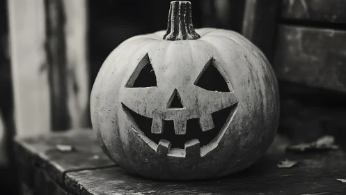Monochrome carved pumpkin jack o lantern on wooden bench.