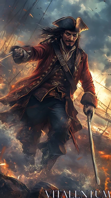 Pirate captain charges through burning surf amid battle