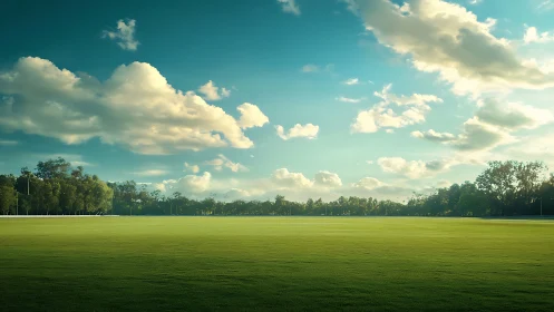 Sunlit open field under drifting afternoon cotton clouds.