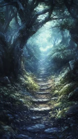 Forest path tunnel with atmospheric light and gnarled tree canopy.