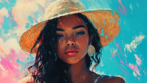 Sunlit muse in a straw hat against painterly summer skies.