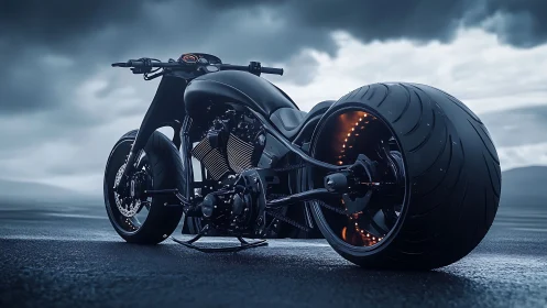Low-angle view of custom black motorcycle on wet asphalt.