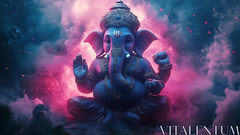 Gentle Ganesha statue glows softly in pink and blue mist