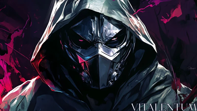 Hooded cybernetic assassin portrait with reflective metal mask