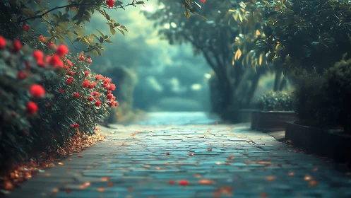Garden pathway with red blooms in dreamy soft focus.