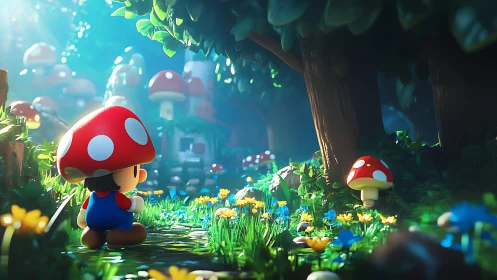 Mushroom-capped child explores a glowing fantasy forest path.