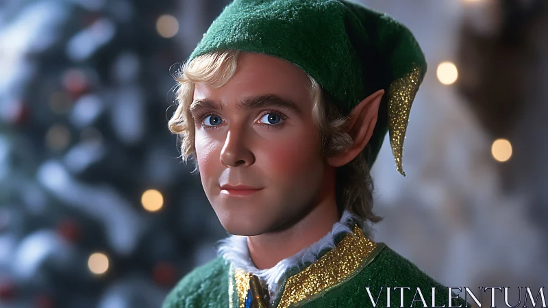 Gentle Christmas elf gazes ahead amid soft festive lights
