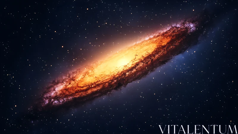 Edge-on spiral galaxy with luminous accretion band rendered digitally.