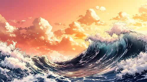 Sunlit ocean waves rise beneath glowing pastel clouds.