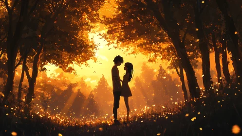 Backlit forest silhouettes with volumetric sunset scattering.